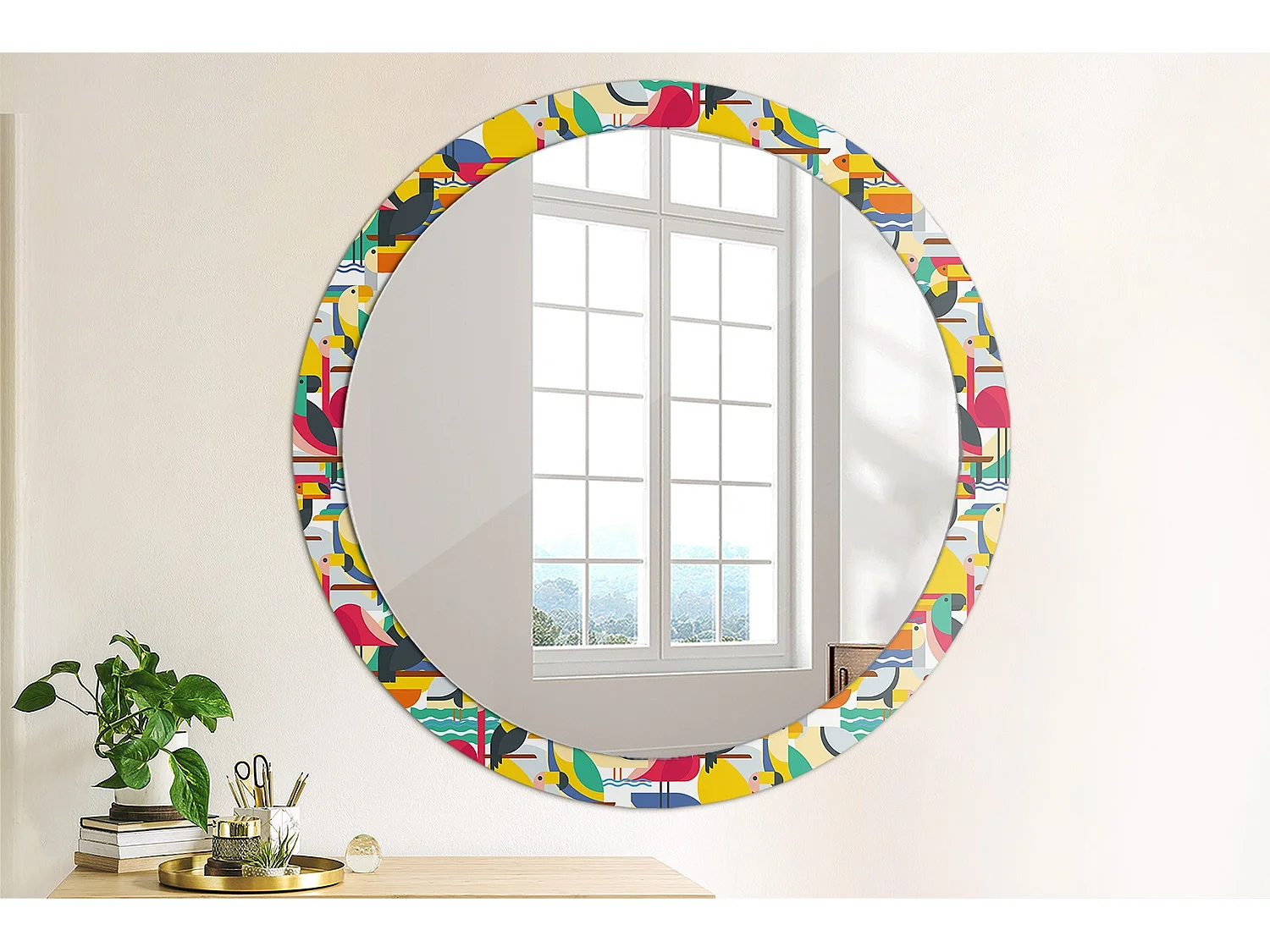 Dekorativer runder Spiegel - Geometrische tropische Vögel - 100 cm