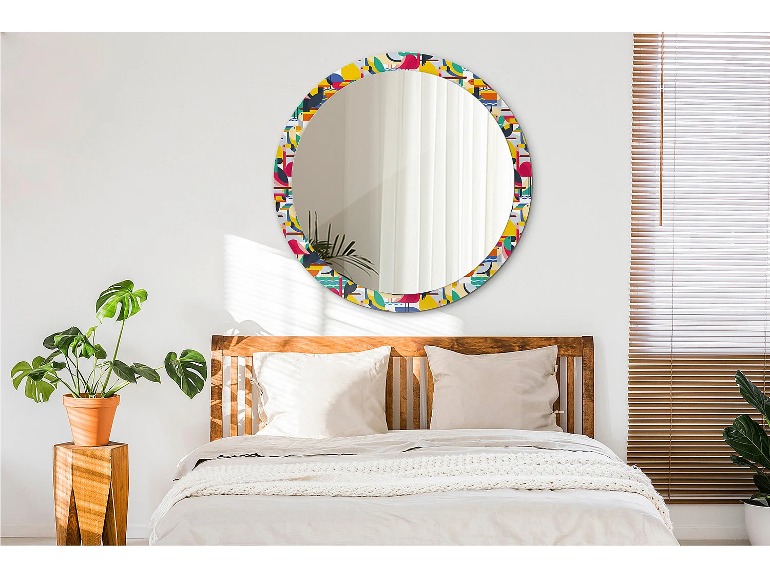 Dekorativer runder Spiegel - Geometrische tropische Vögel - 100 cm