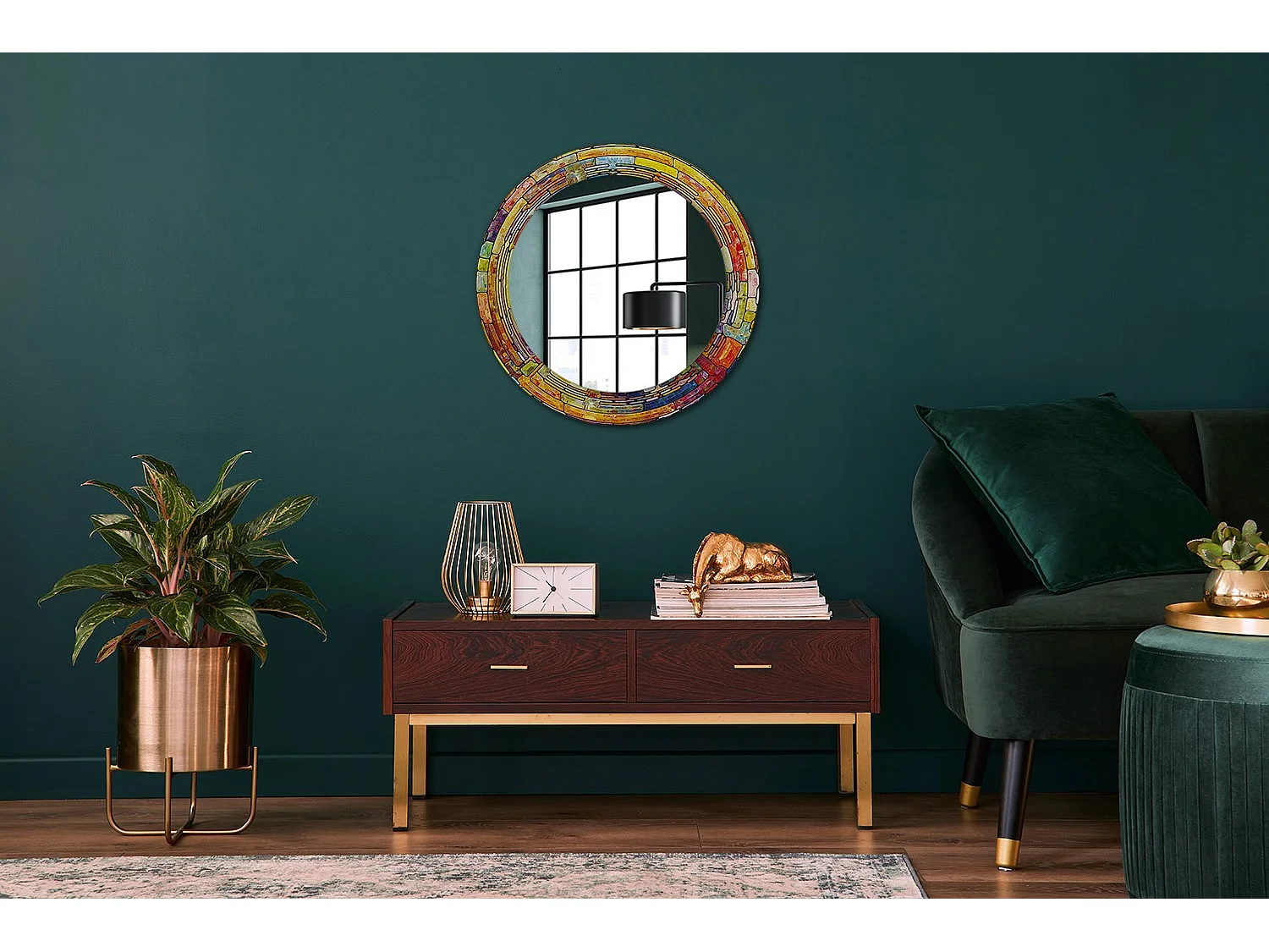 Decoratieve ronde spiegel - gekleurd glas-in-lood - 60 cm