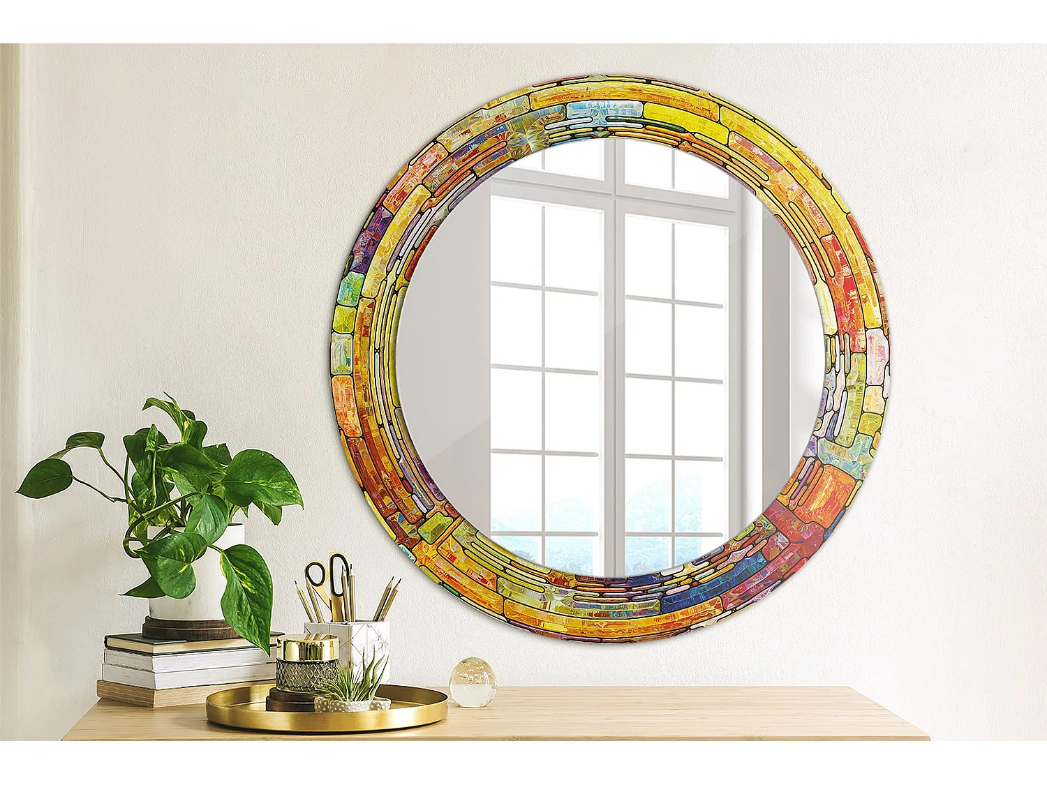 Decoratieve ronde spiegel - gekleurd glas-in-lood - 60 cm
