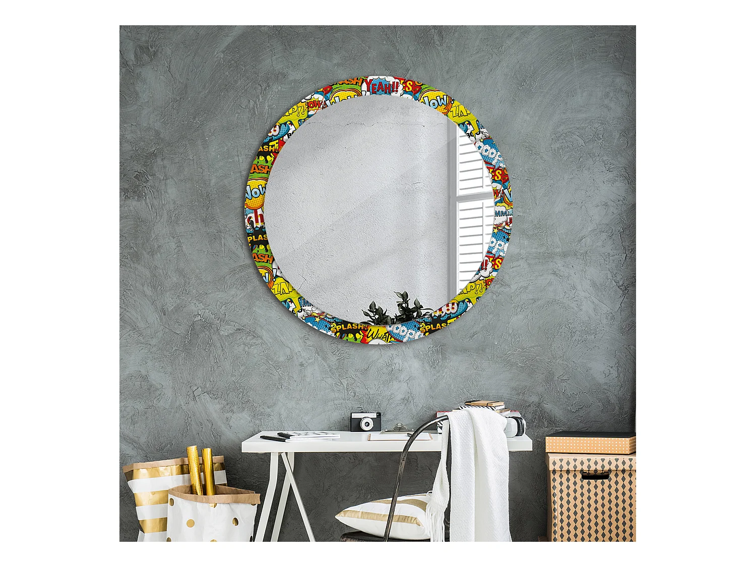 Miroir rond décoratif - Motif style bande dessinée - 90 cm