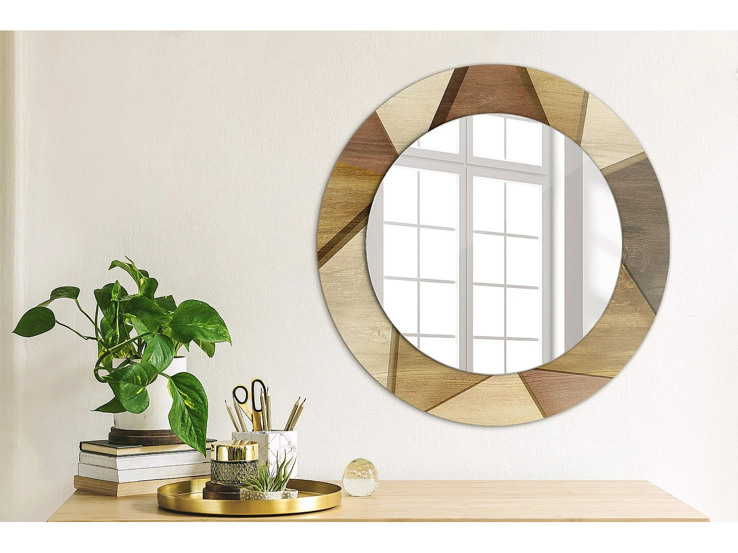 Dekorativer runder Spiegel – 3D-geometrisches Holz – 50 cm