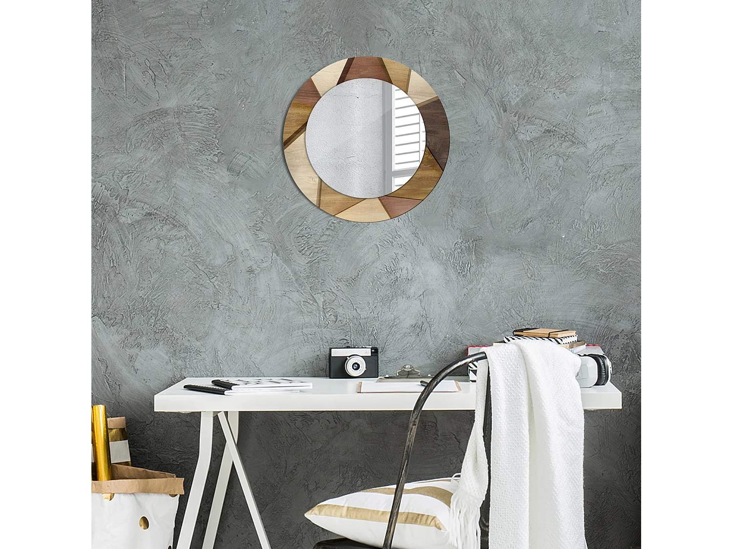 Dekorativer runder Spiegel – 3D-geometrisches Holz – 50 cm