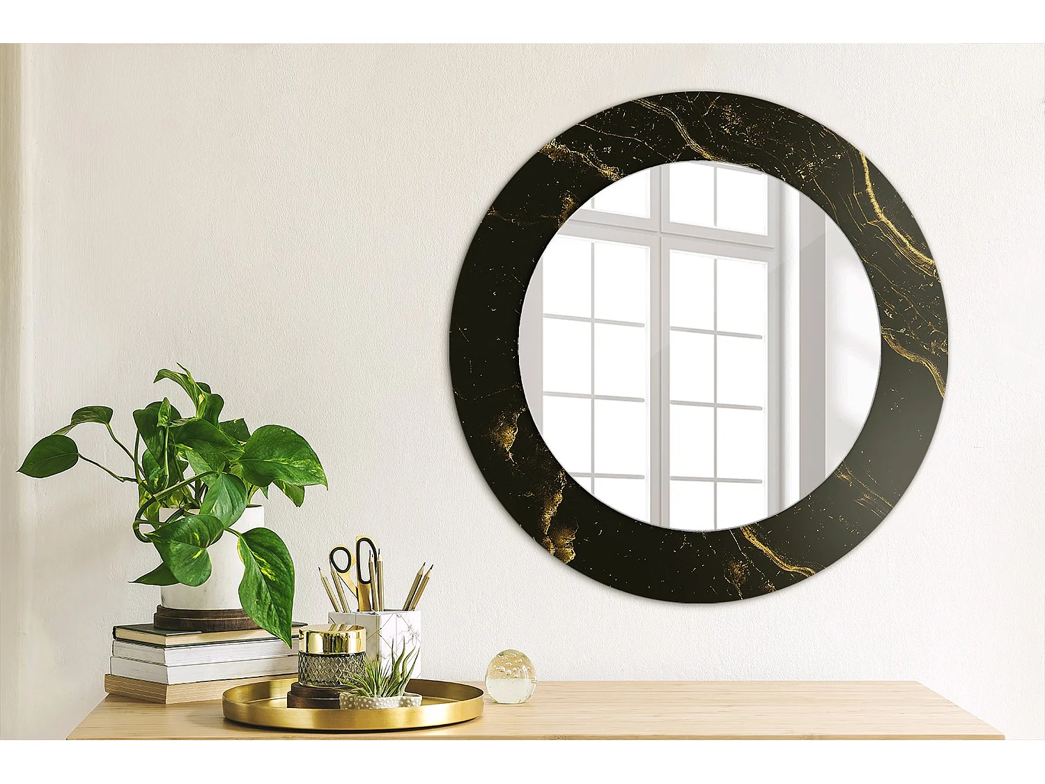 Miroir rond décoratif - Marbre noir - 50 cm