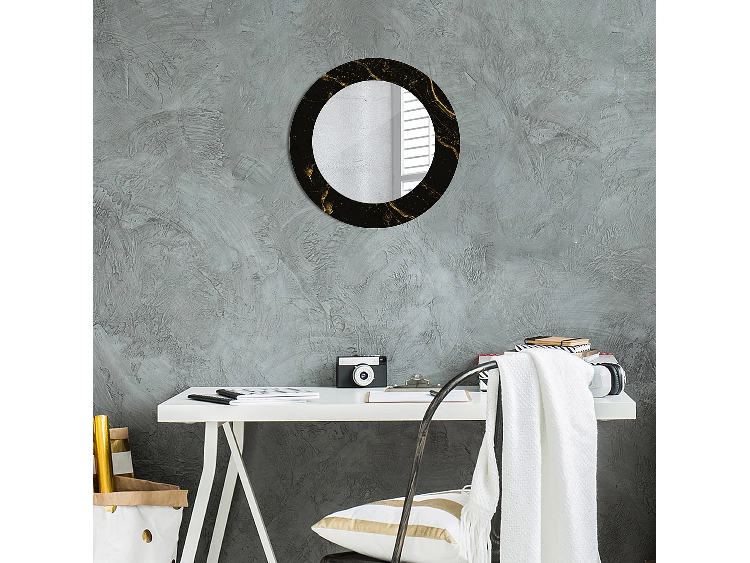 Miroir rond décoratif - Marbre noir - 50 cm