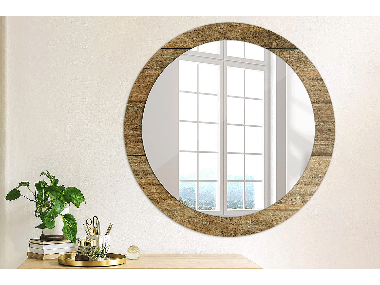 Runder dekorativer Spiegel - Altes Holz - 80 cm