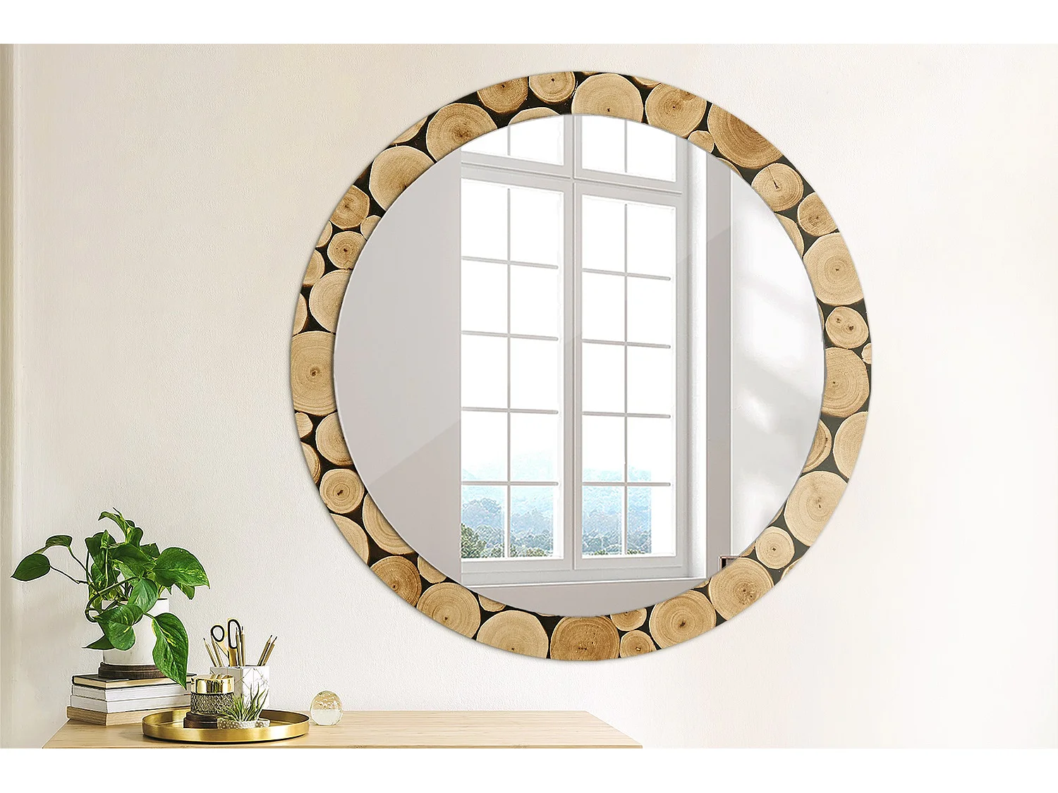 Miroir rond décoratif - Bûches de bois - 90 cm