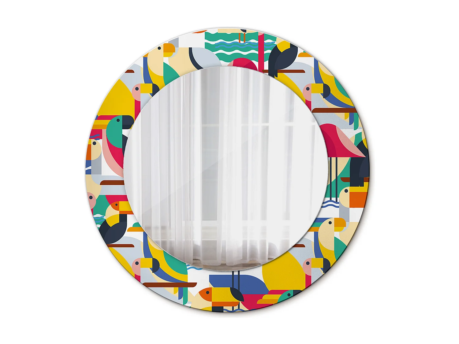 Miroir rond décoratif - Oiseaux tropicaux géométriques - 50 cm