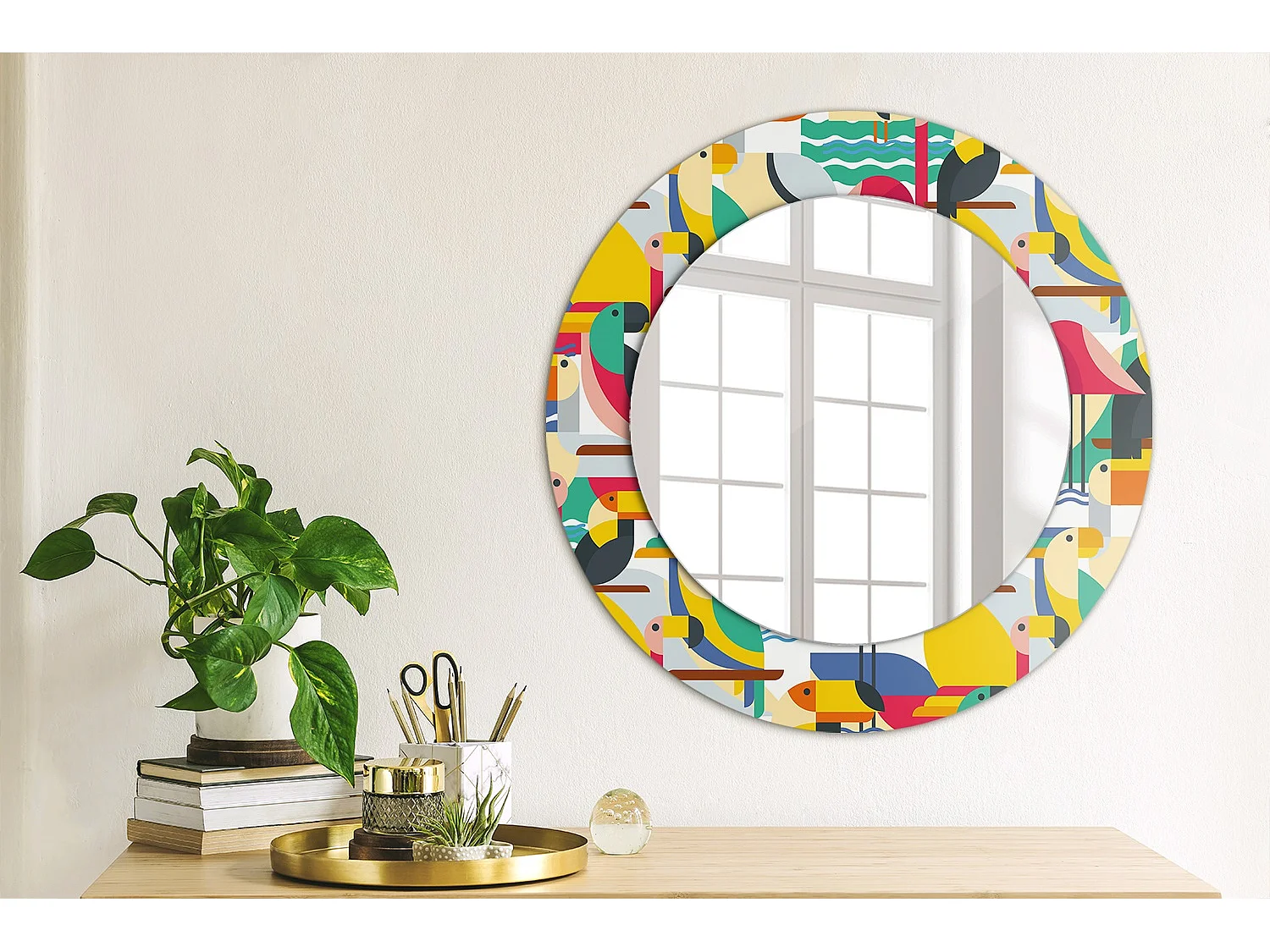 Miroir rond décoratif - Oiseaux tropicaux géométriques - 50 cm