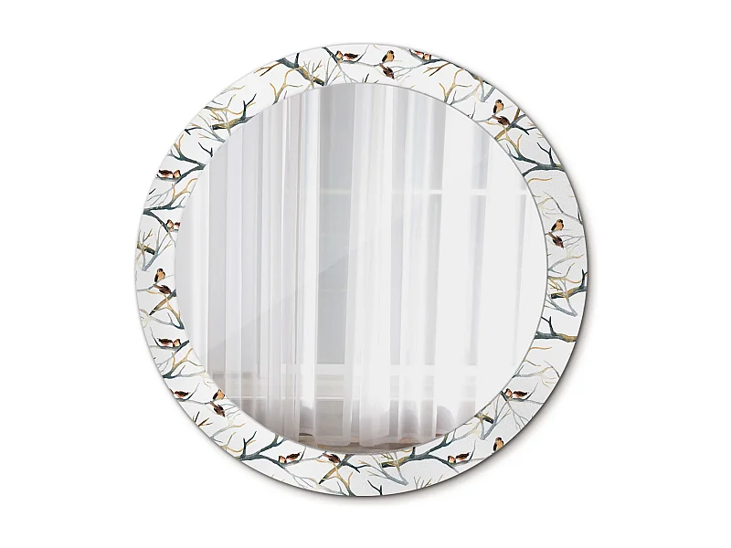 Miroir rond décoratif - branches d'oiseaux moineaux - 80 cm