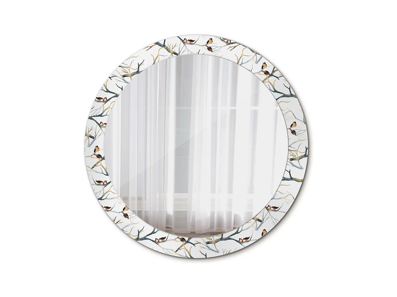 Miroir rond décoratif - branches d'oiseaux moineaux - 80 cm