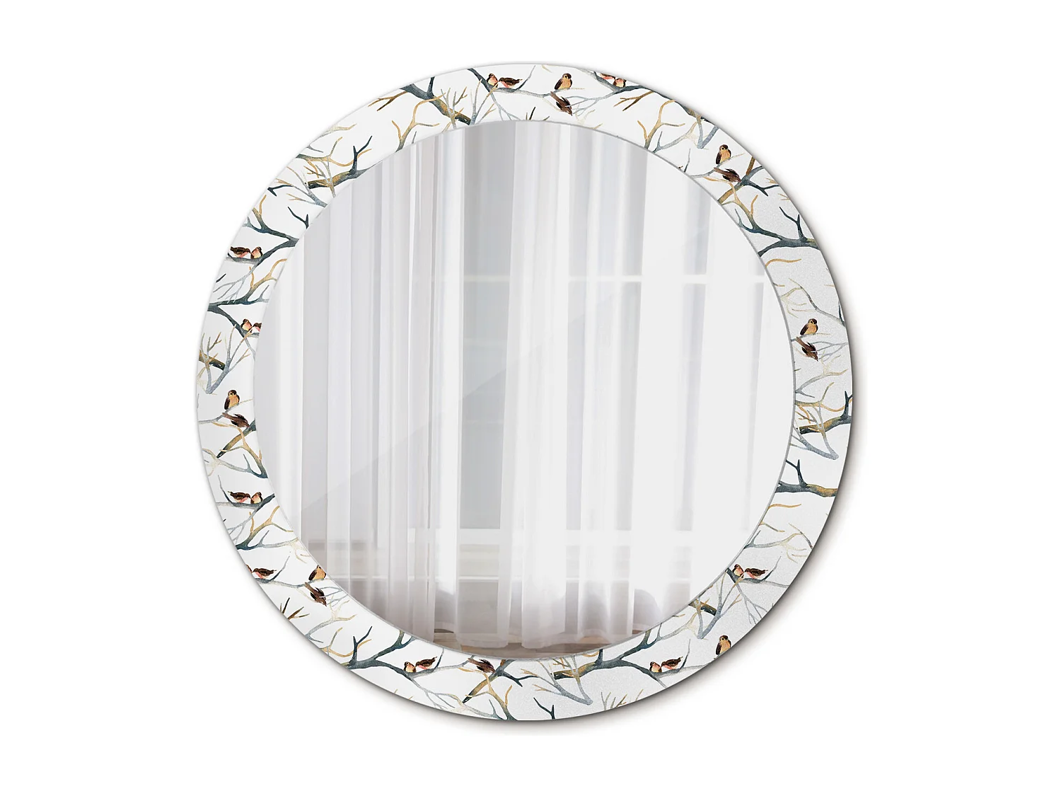 Miroir rond décoratif - branches d'oiseaux moineaux - 80 cm
