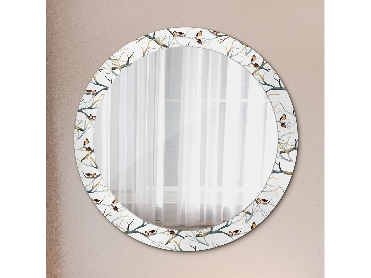 Miroir rond décoratif - branches d'oiseaux moineaux - 80 cm