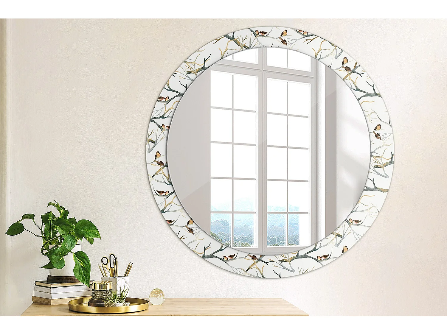Miroir rond décoratif - branches d'oiseaux moineaux - 80 cm