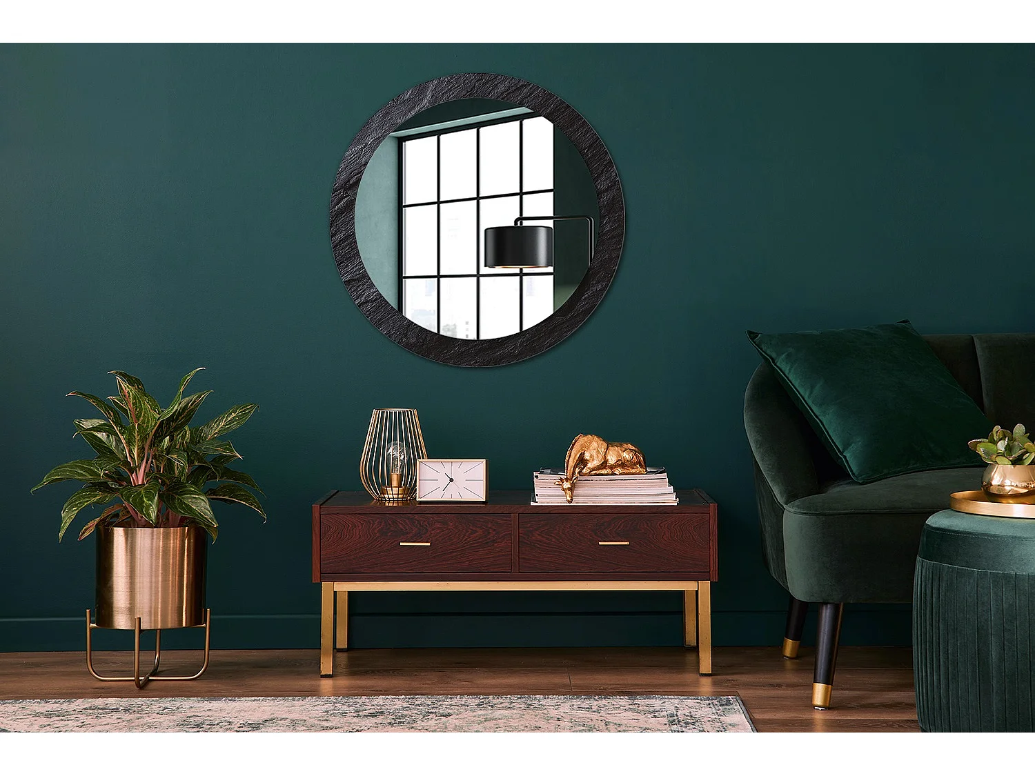 Miroir rond décoratif - Pierre noire - 80 cm