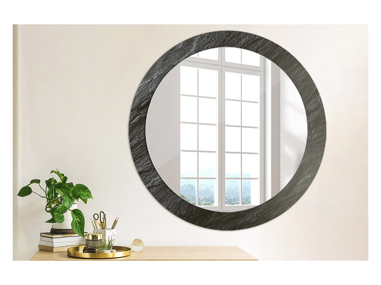 Miroir rond décoratif - Pierre noire - 80 cm
