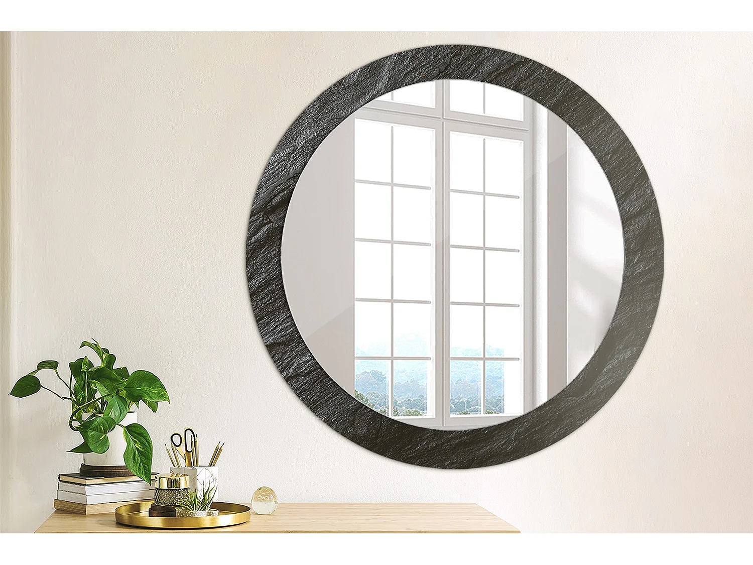 Miroir rond décoratif - Pierre noire - 80 cm