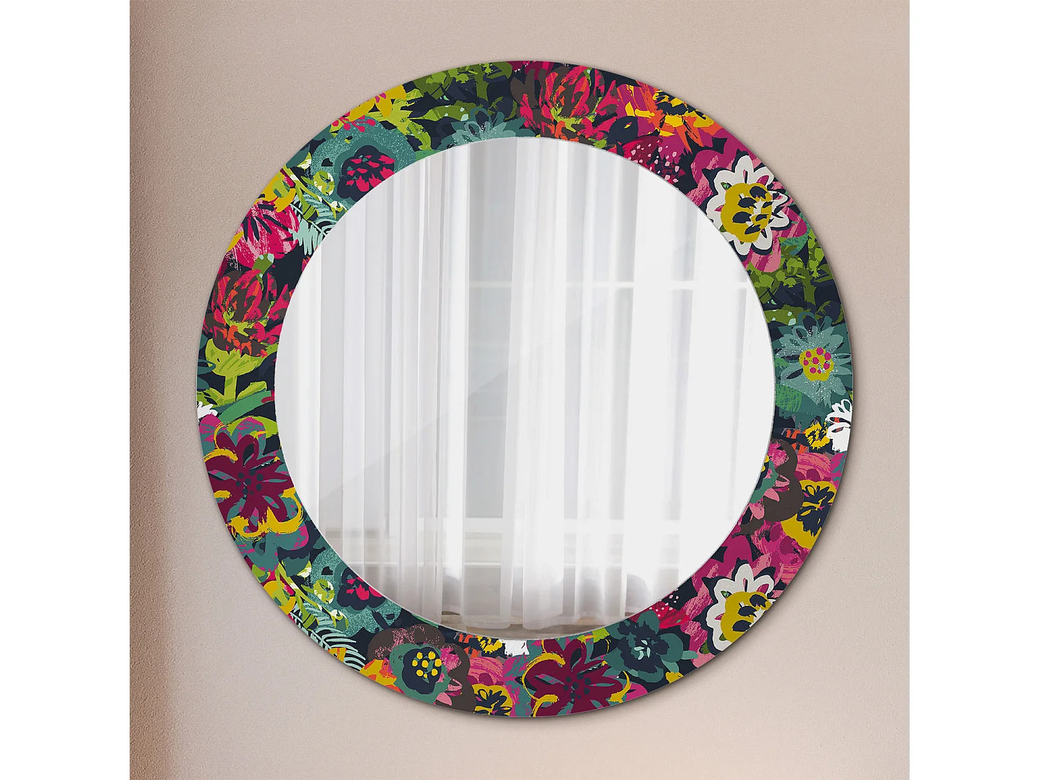 Miroir rond décoratif - Fleurs peintes - 70 cm
