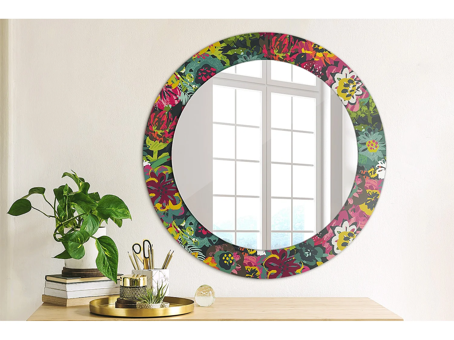 Miroir rond décoratif - Fleurs peintes - 70 cm