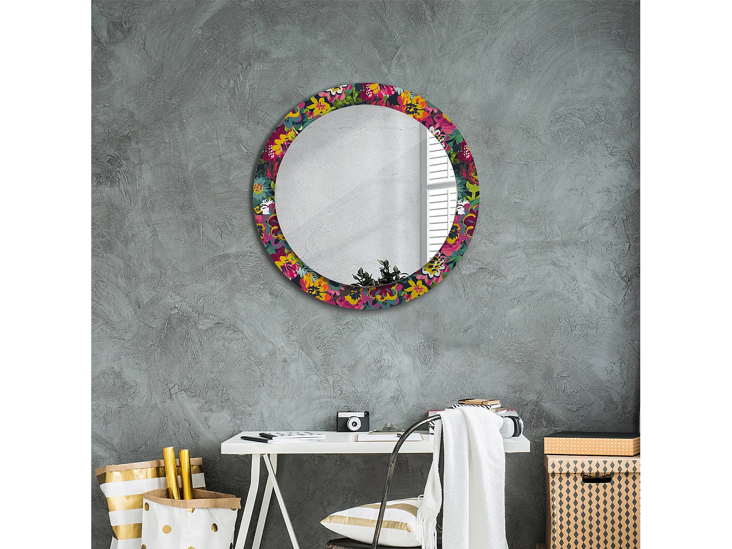 Miroir rond décoratif - Fleurs peintes - 70 cm