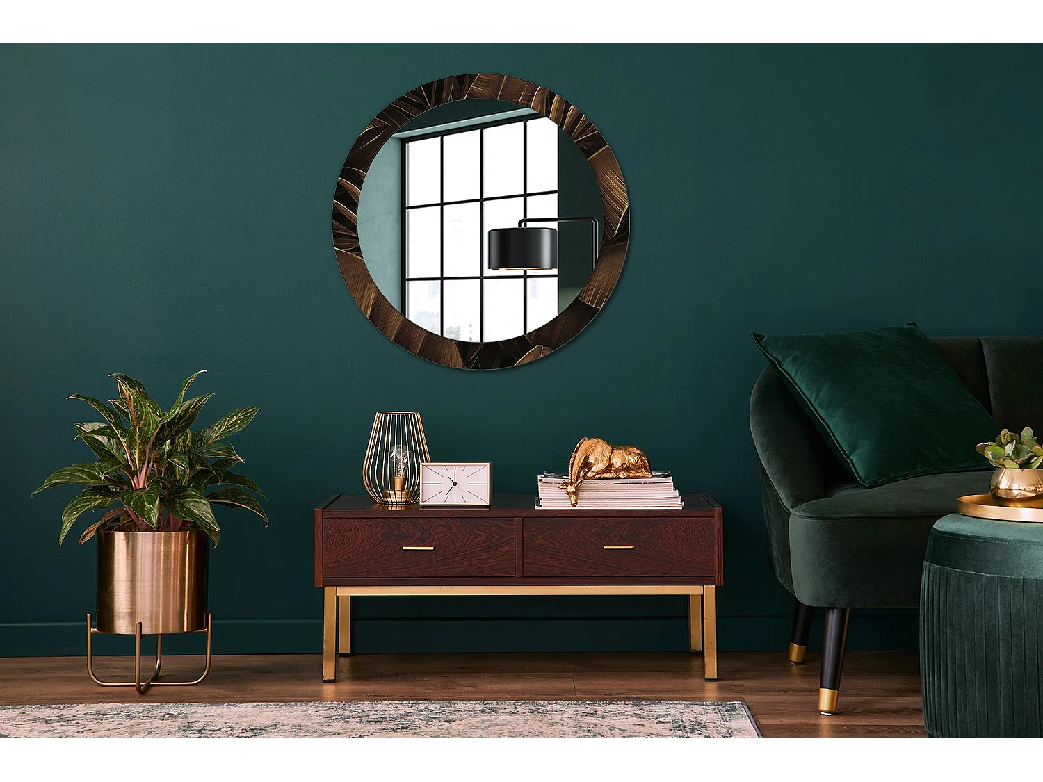 Dekorativer runder Spiegel – braune Bananenblätter – 80 cm