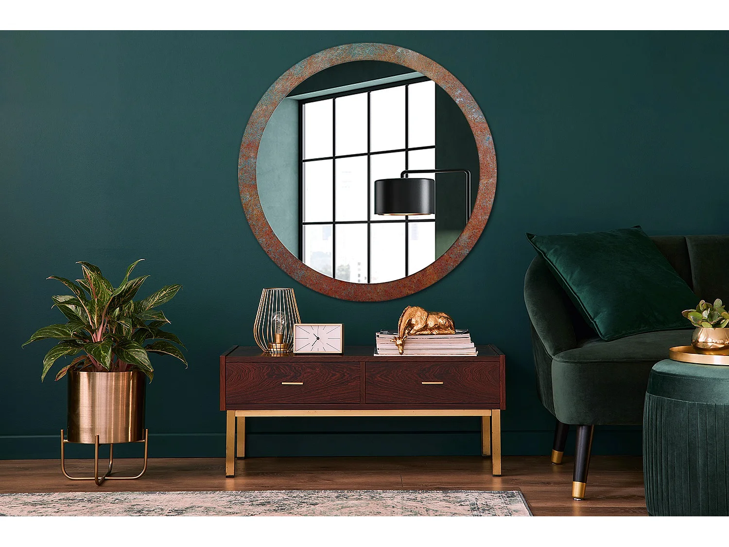 Decoratieve ronde spiegel - roestig metaal - 100 cm