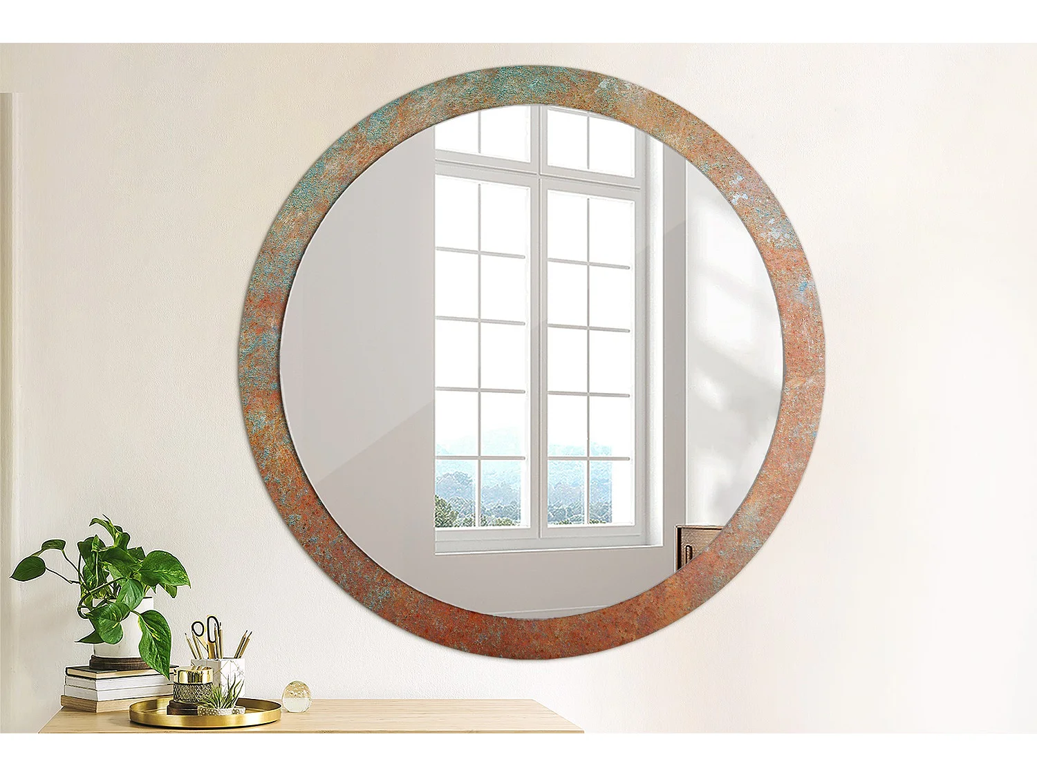 Decoratieve ronde spiegel - roestig metaal - 100 cm