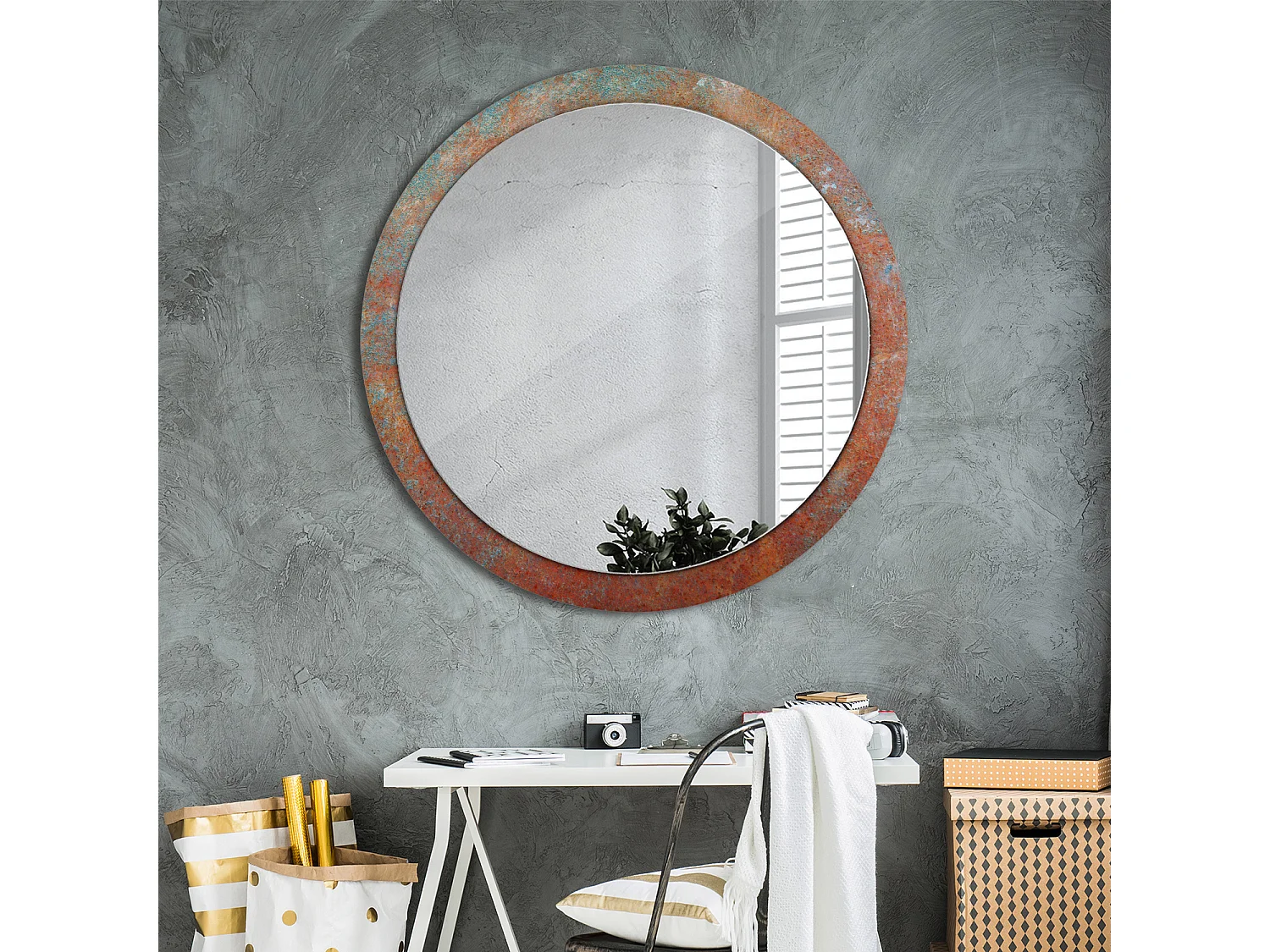 Decoratieve ronde spiegel - roestig metaal - 100 cm