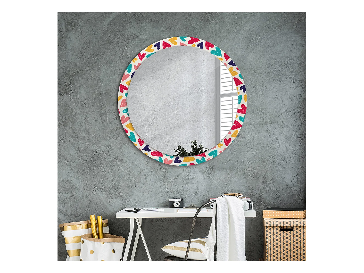 Decoratieve ronde spiegel - Kleurrijke harten - 90 cm