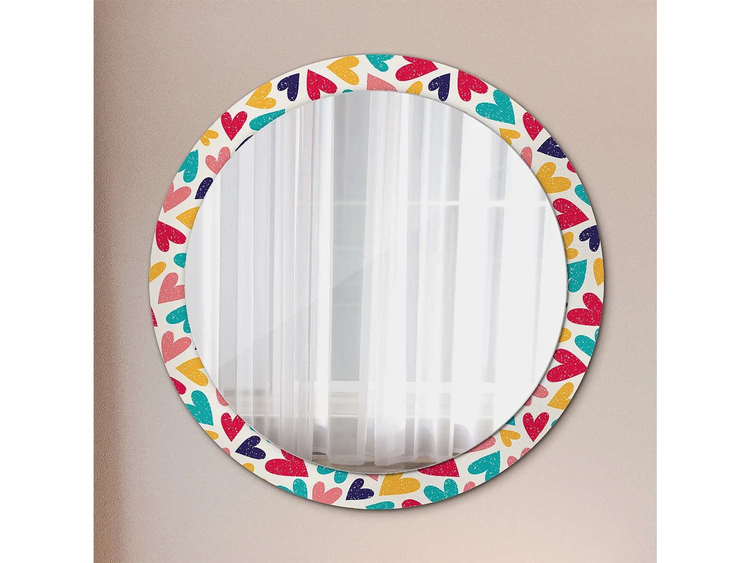 Decoratieve ronde spiegel - Kleurrijke harten - 90 cm