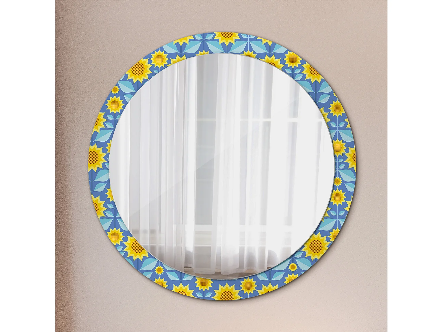 Miroir rond décoratif - Tournesols géométriques - 90 cm