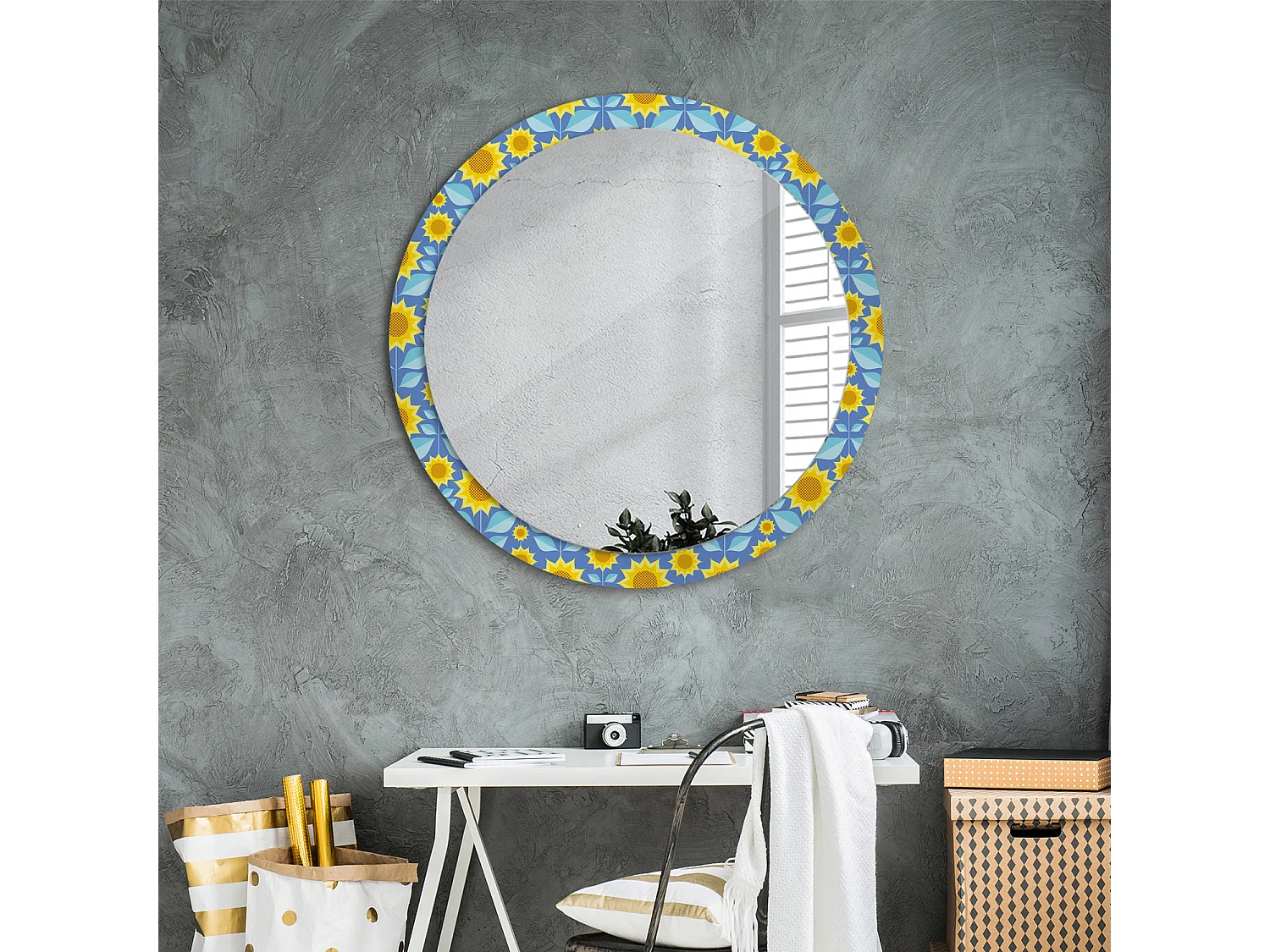 Miroir rond décoratif - Tournesols géométriques - 90 cm