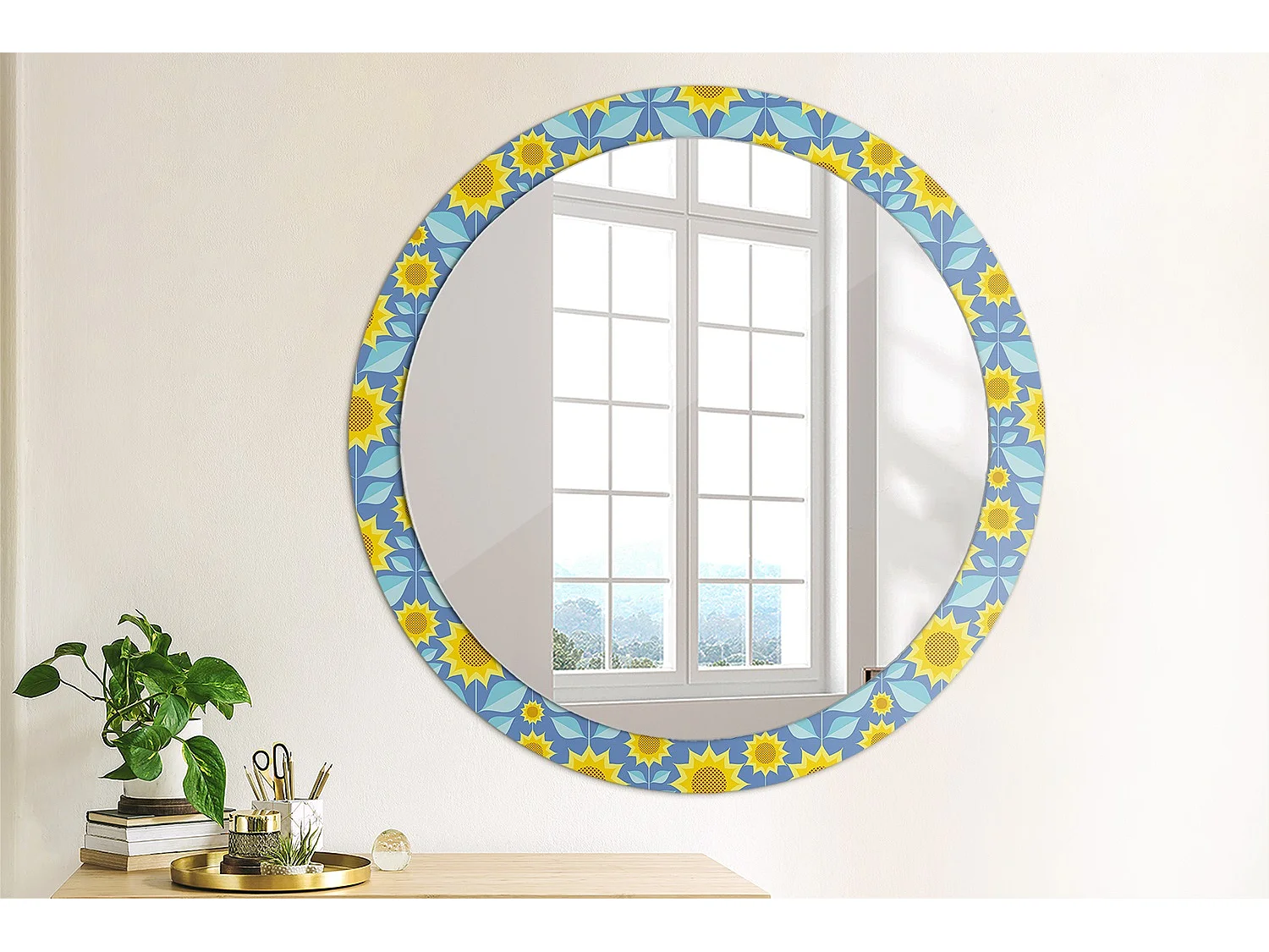 Miroir rond décoratif - Tournesols géométriques - 90 cm
