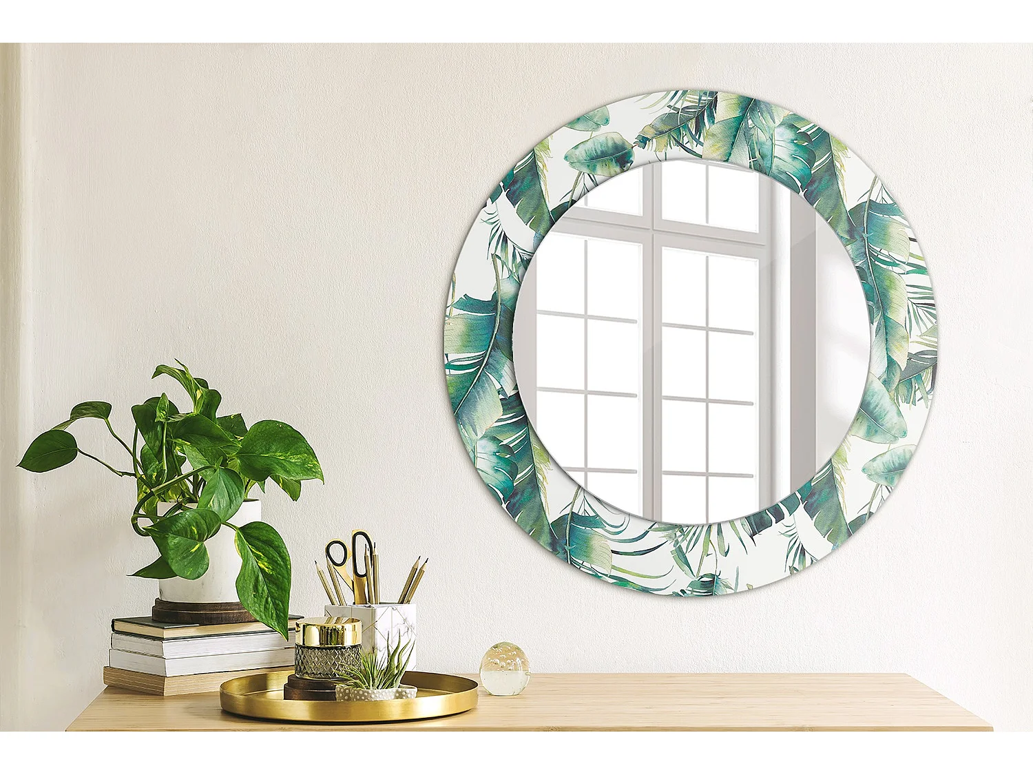 Specchio rotondo decorativo - Foglie - 50 cm