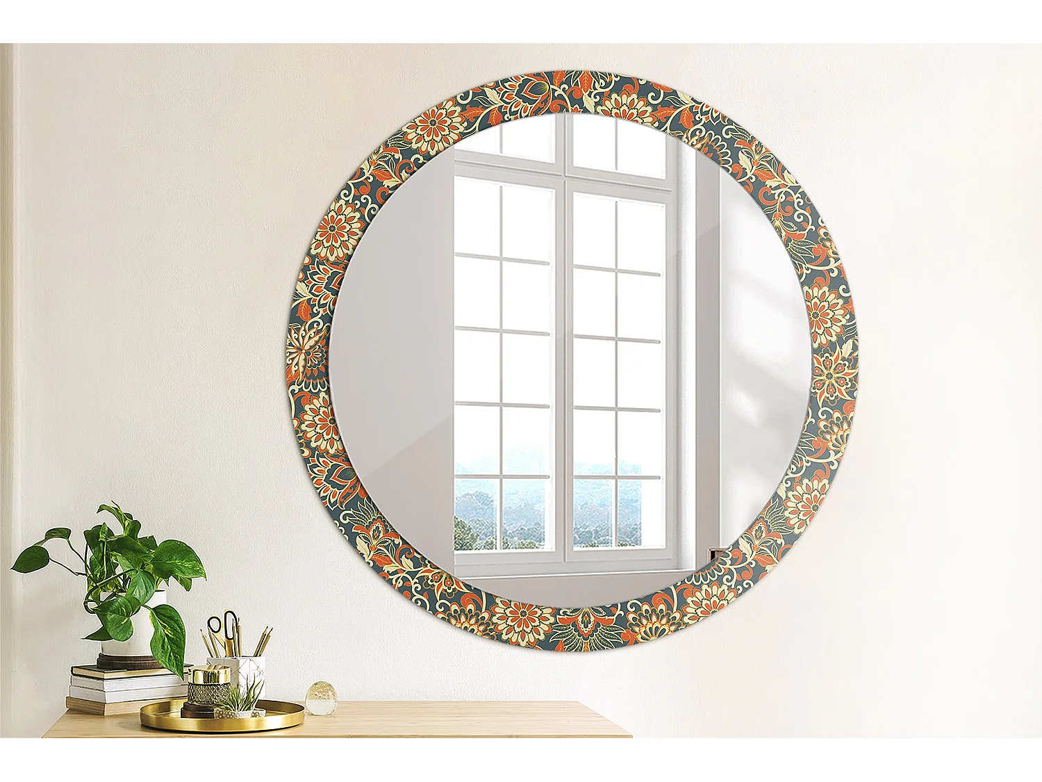 Miroir rond décoratif - Fleurs rétro - 90 cm