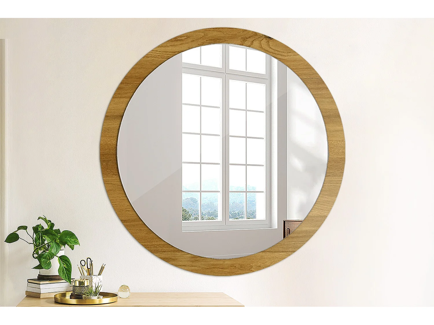 Miroir rond décoratif - Chêne rustique - 100 cm