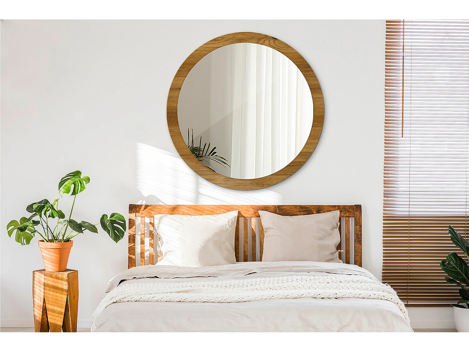 Miroir rond décoratif - Chêne rustique - 100 cm