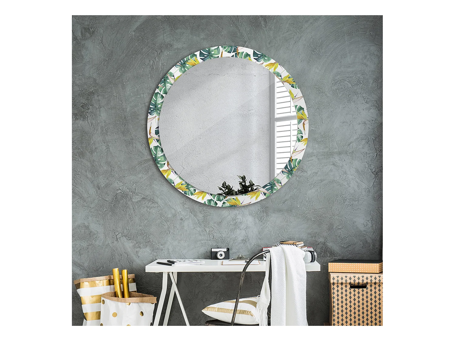 Miroir rond décoratif - Feuilles tropicales - 90 cm