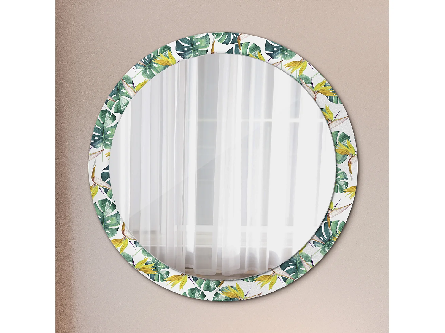 Miroir rond décoratif - Feuilles tropicales - 90 cm
