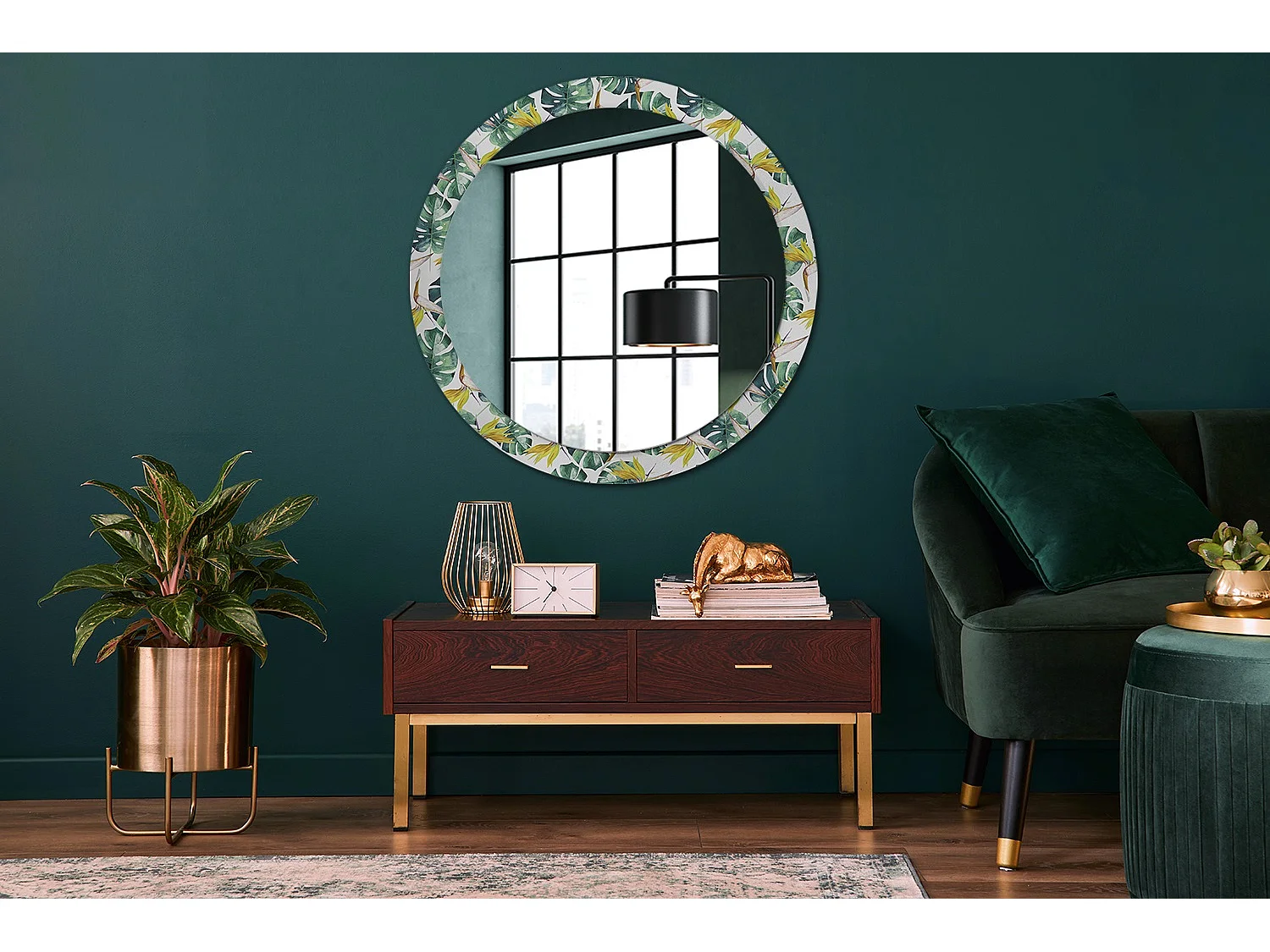 Miroir rond décoratif - Feuilles tropicales - 90 cm