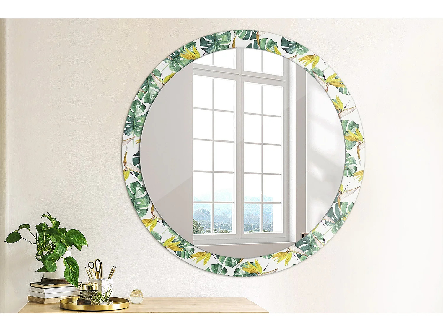 Miroir rond décoratif - Feuilles tropicales - 90 cm