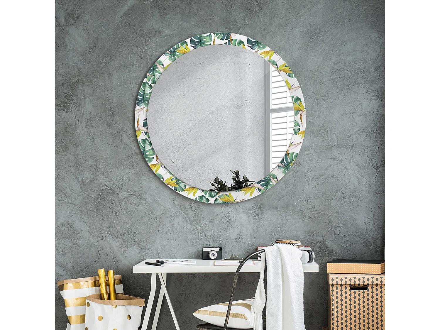 Miroir rond décoratif - Feuilles tropicales - 90 cm