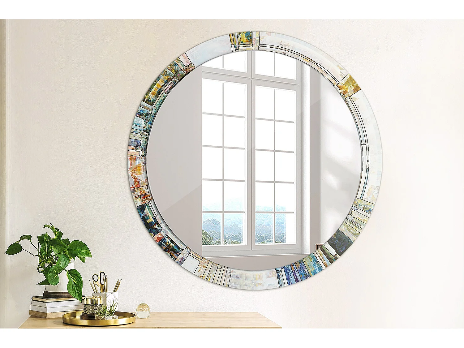 Runder dekorativer Spiegel - Farbiges Glas - 90 cm