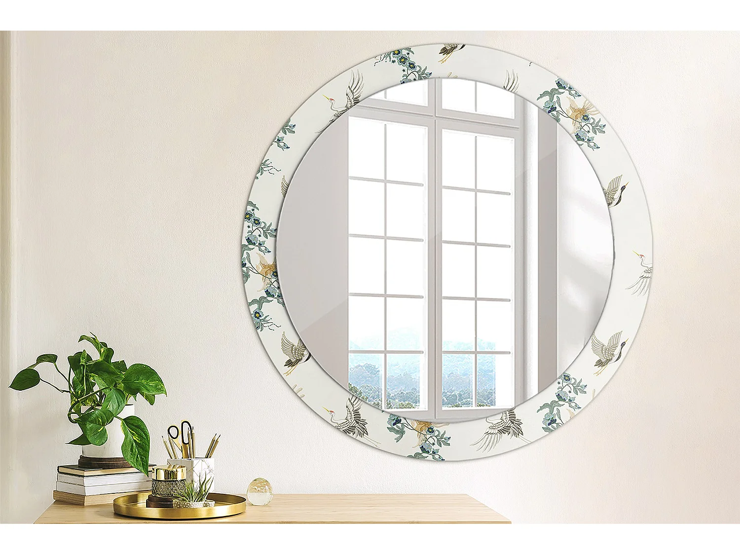 Dekorativer runder Spiegel - Chinesische Vögel - 80 cm