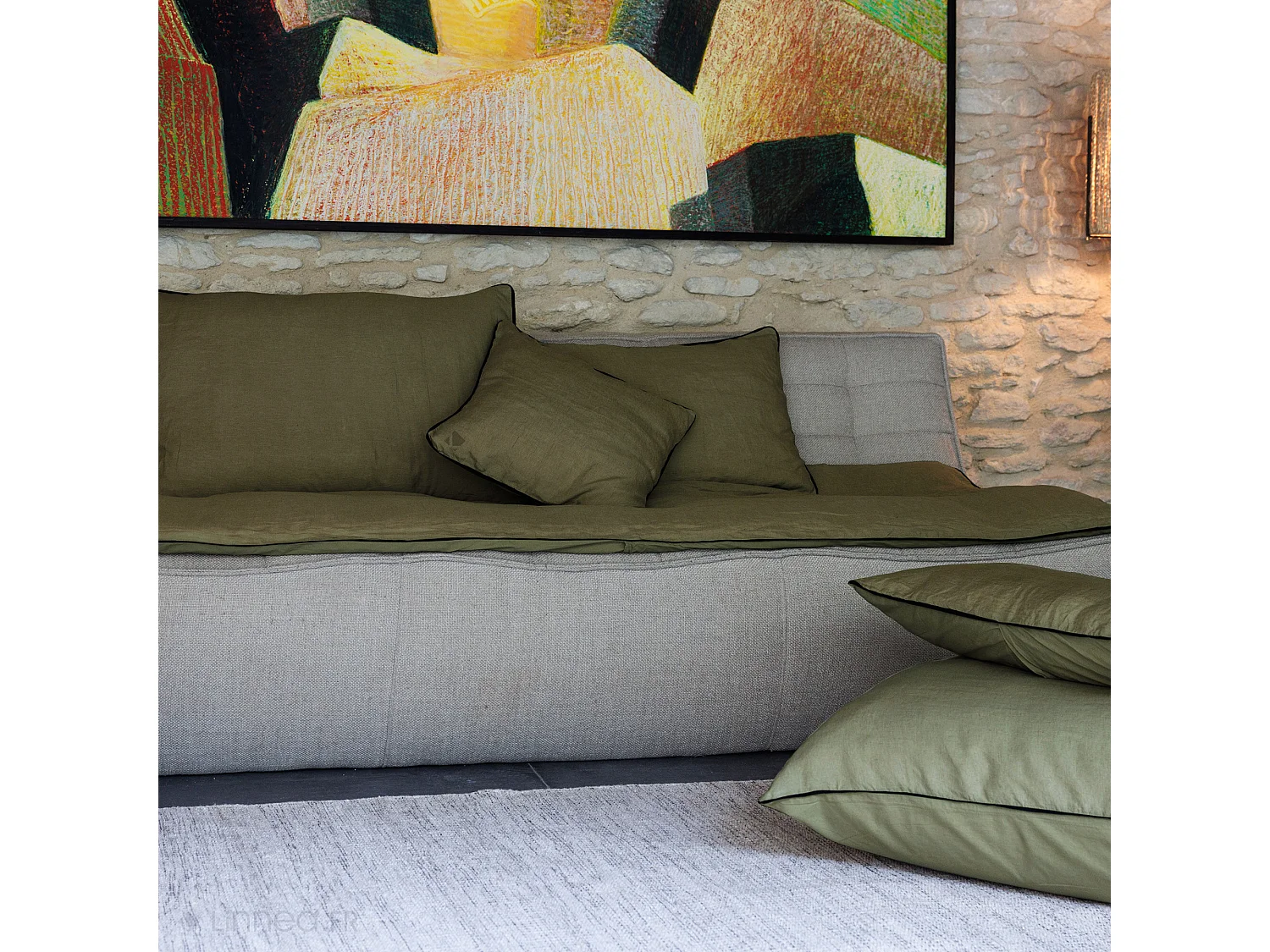 Housse de coussin PRELUDE 40x60 cm lin et coton lavé vert Kaki