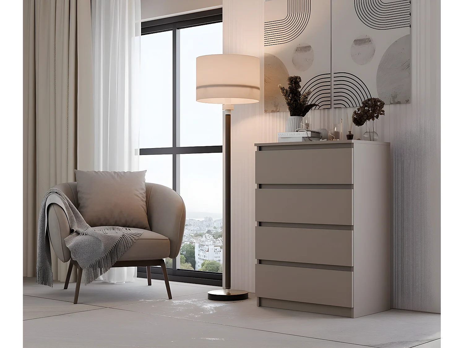 ASTER T4 | Commode chambre/bureau/salon 95.5x70x40 / 4 tiroirs gris | Meuble de rangement moderne Chiffonier Style Scandinave | Dressing