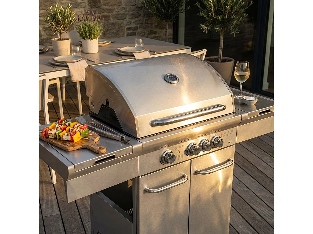 MilaniHome.it - Barbecue A Gas In Acciaio Inox 3 Fuochi + 1 Laterale, Con Piastra E Griglia In Ghisa Per Esterno Giardino Portico Terrazzodi coloreGrigio