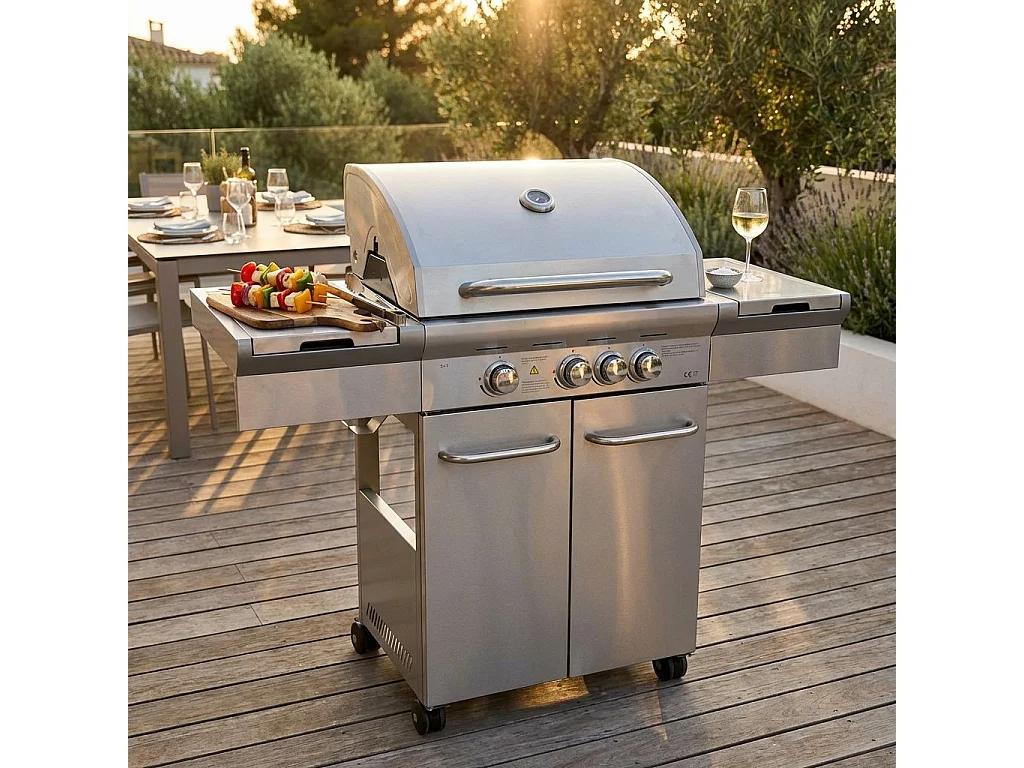 MilaniHome.it - Barbecue A Gas In Acciaio Inox 3 Fuochi + 1 Laterale, Con Piastra E Griglia In Ghisa Per Esterno Giardino Portico Terrazzodi coloreGrigio