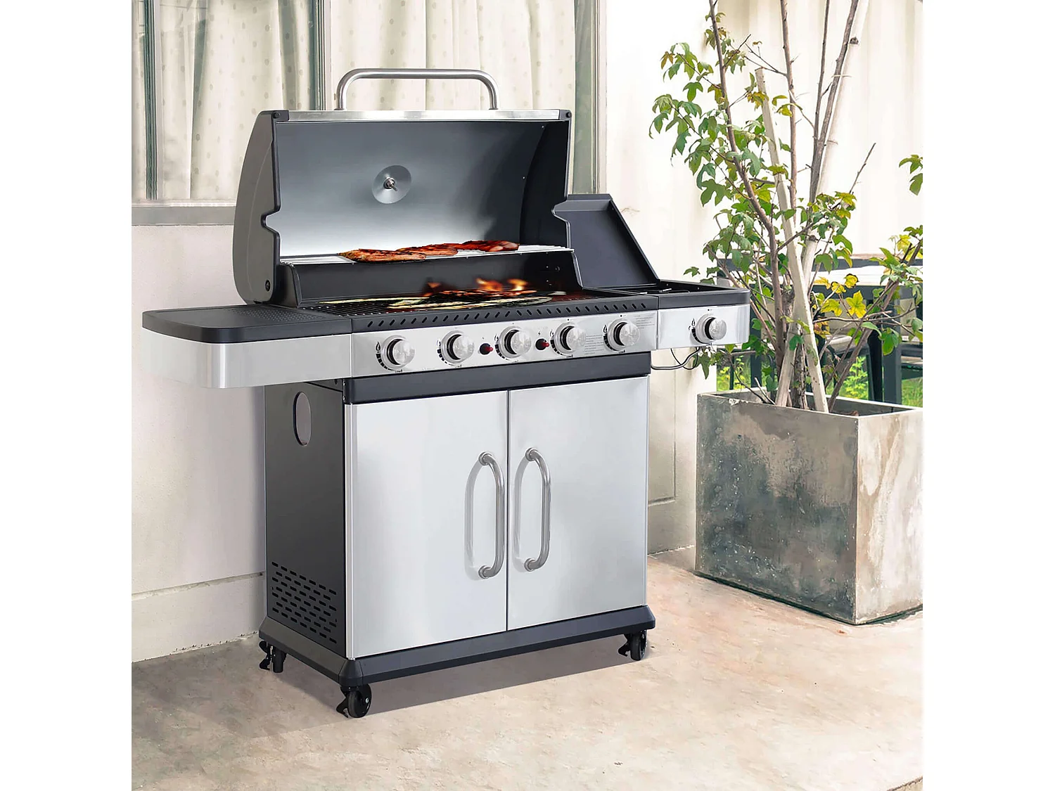 MilaniHome.it - Barbecue A Gas In Acciaio Inox 5 Fuochi + 1 Laterale Per Esterno Giardino, Portico, Terrazzodi coloreGrigio