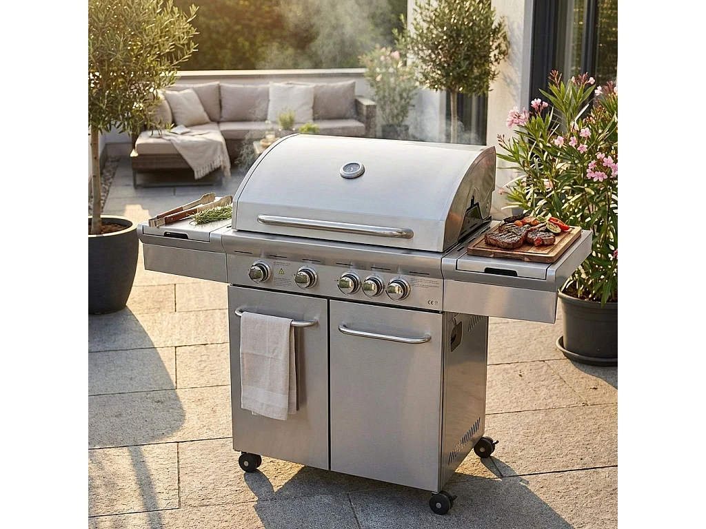 MilaniHome.it - Barbecue A Gas In Acciaio Inox 4 Fuochi + 1 Laterale, Con Piastra E Griglia In Ghisa Per Esterno Giardino Portico Terrazzodi coloreGrigio